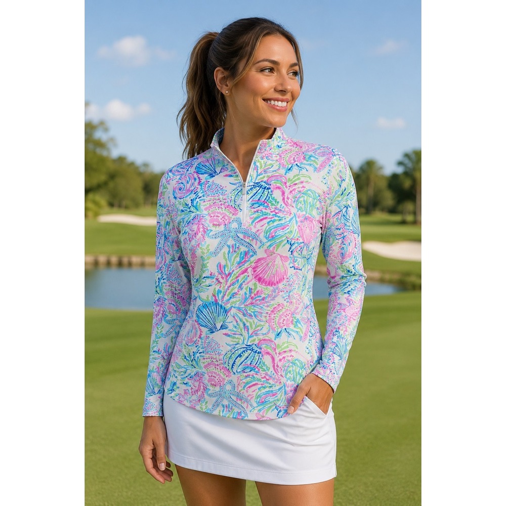 FAMA ZEE DONATI VITTORIO Coastal Shell Print UPF 50 Golf 1/4 Zip Medium Top 2830